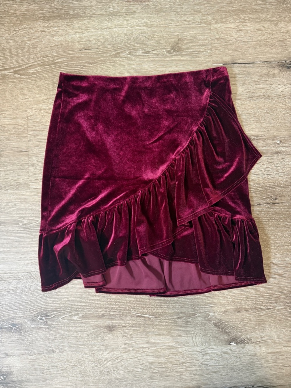 NWT Urban Outfitters Velvet Ruffle Wrap Mini Skirt Burgundy